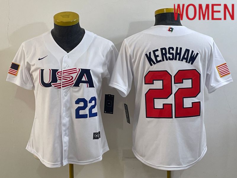 Women 2023 World Cub USA #22 Kershaw White Nike MLB Jersey4->women mlb jersey->Women Jersey